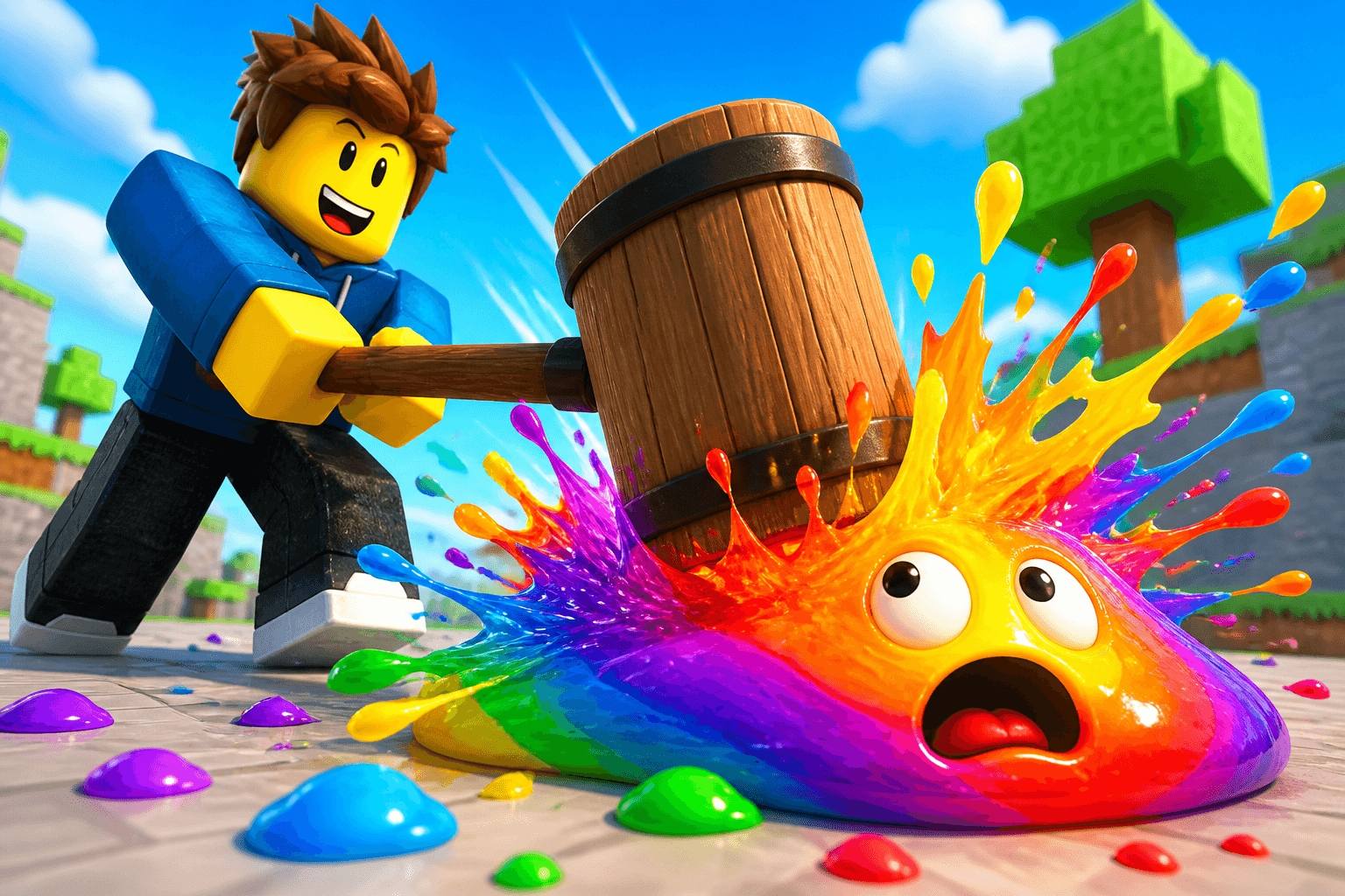 Character smashing a rainbow blob with a giant hammer